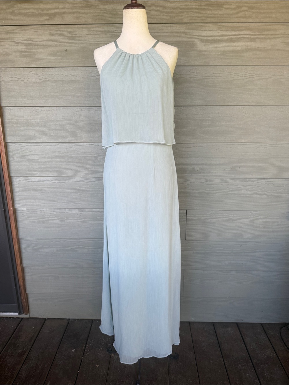 David’s Bridal Flounced Crinkle Chiffon Sheath. Bridesmaid Dress in Dusty Sage